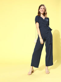 Berrylush Navy Blue & White Shawl Neck Printed Culotte Jumpsuit
