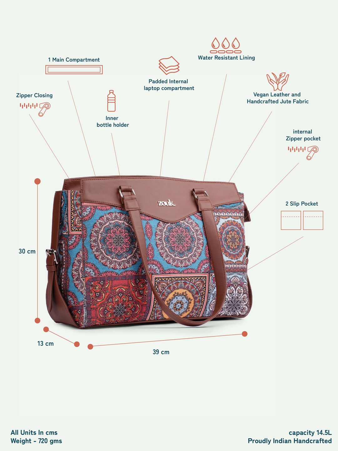 ZOUK Mandala Ethnic Motifs Printed Shopper Handheld Bag