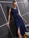 SASSAFRAS Navy Blue Cut-Out Denim A-Line Midi Dress