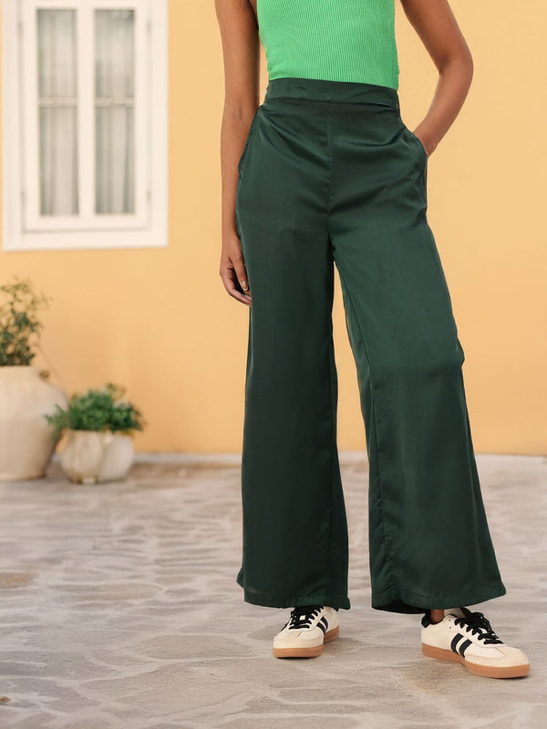 DressBerry Women Urban K-Twist Vibes Flared High-Rise Satin Finish Parallel Trousers