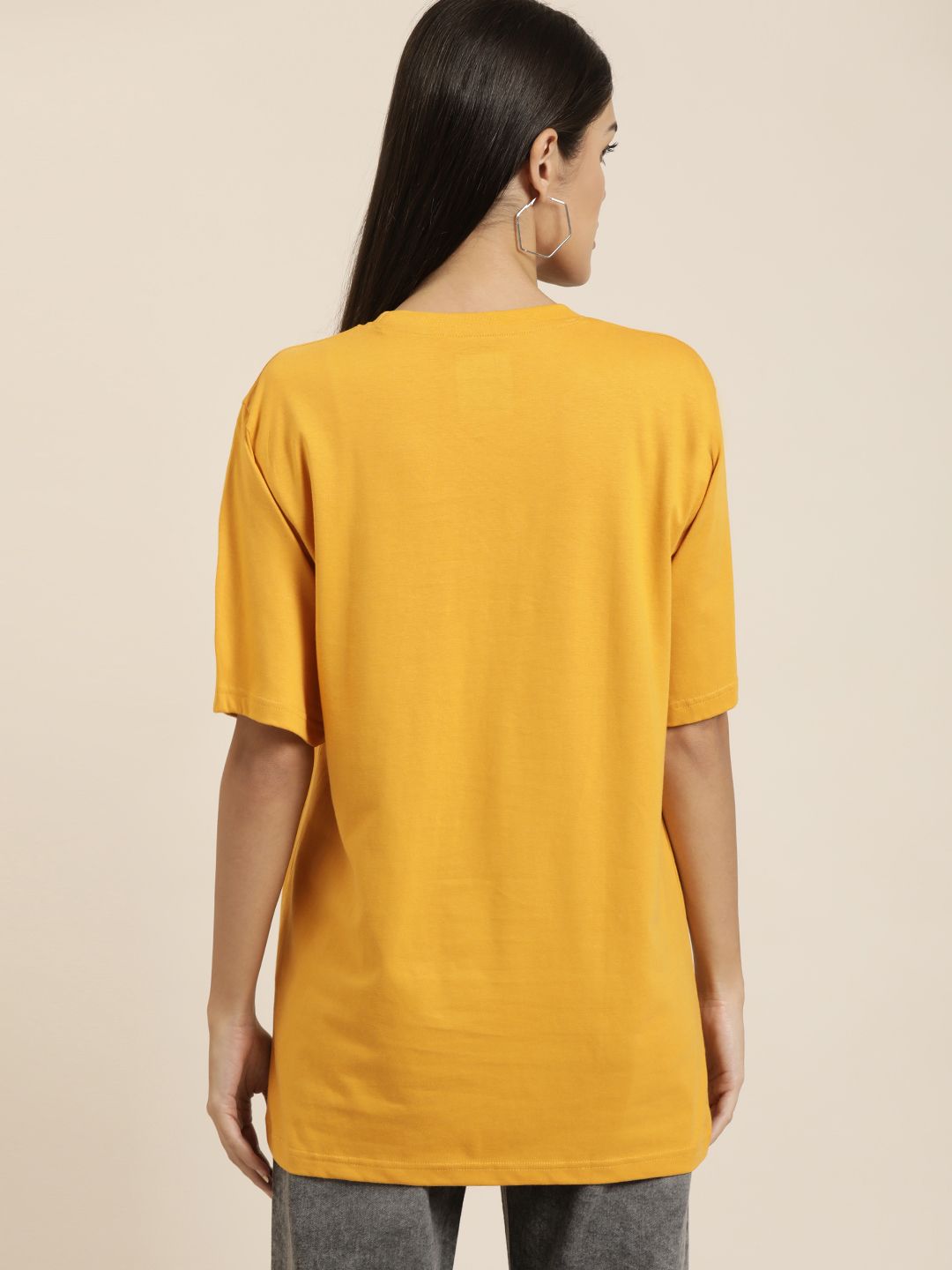 Difference of Opinion Women Mustard Yellow Solid Pure Cotton Oversized T-shirt