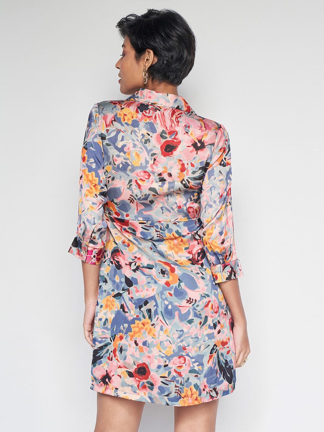 AND Floral Printed Lapel Collar Cuffed Sleeves Tie-Up Detailed A-Line Dress