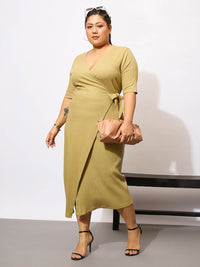 SASSAFRAS Curve Plus Size V-Neck Tie-Ups Detail Wrap Midi Dress
