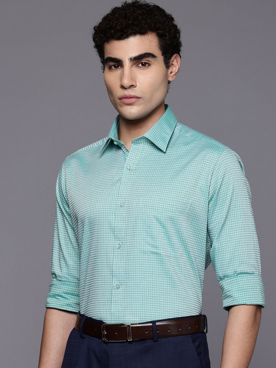 Raymond Pure Cotton Slim Fit Self Grid Tattersall Checks Formal Shirt