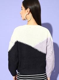 STREET 9 Women Navy Blue & White Colourblocked Pullover