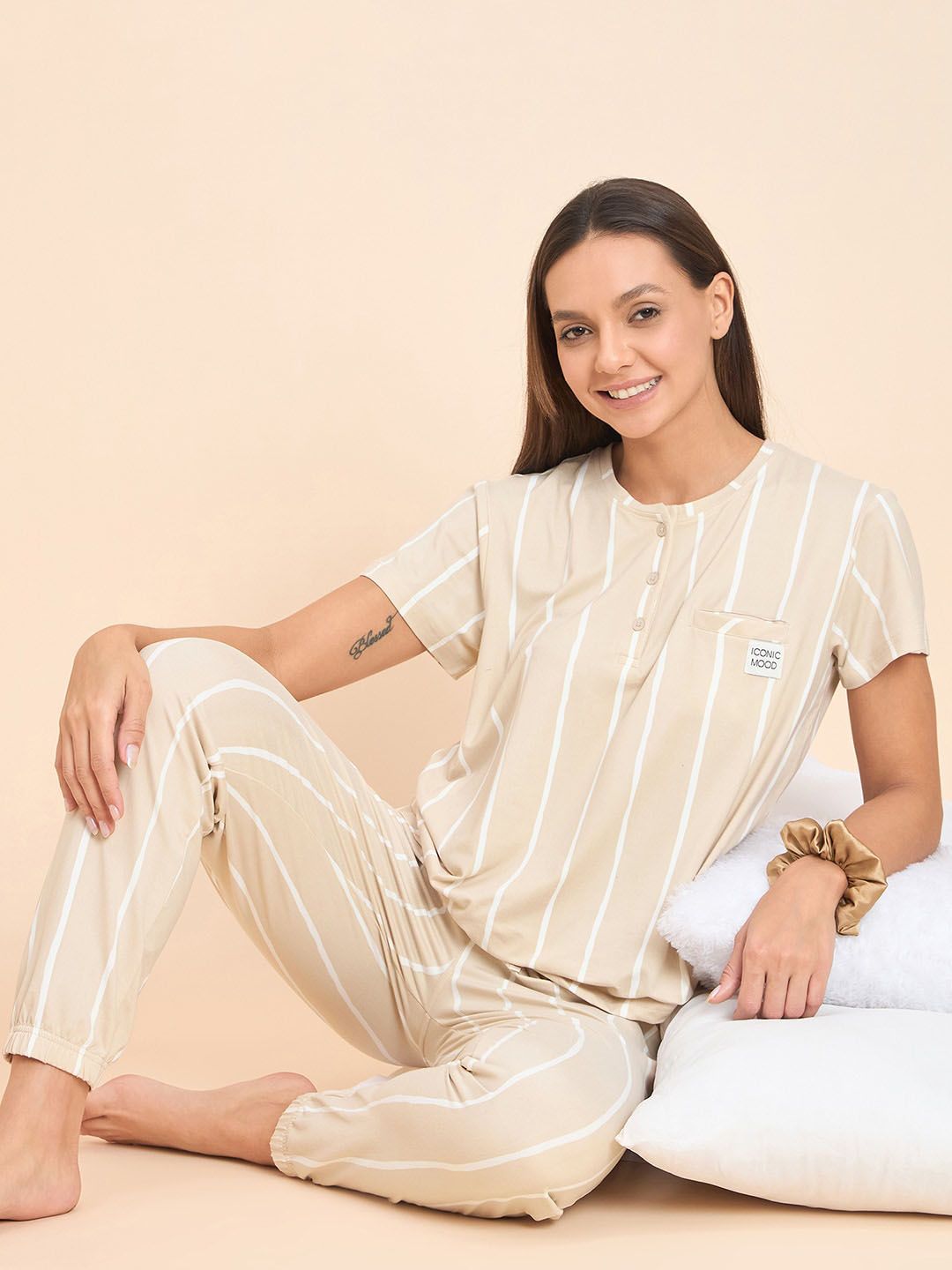 Sweet Dreams Beige Striped T-shirt With Pyjamas