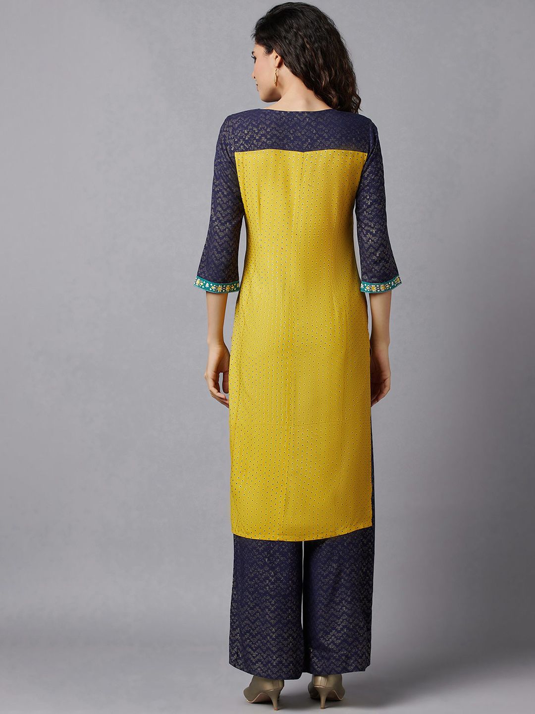 AURELIA Women Green & Yellow Ethnic Motifs Printed Thread Work Kurta