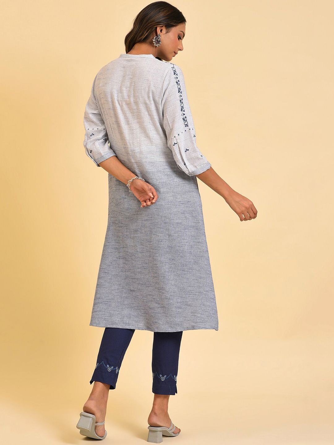 W Grey & Navy Blue Floral Embroidered Pure Cotton A-Line Kurta