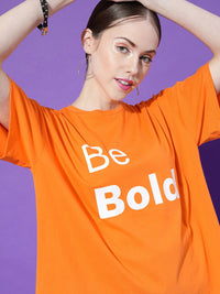 STREET 9 Women Orange Printed Oversized Pure Cotton Outdoor T-shirt