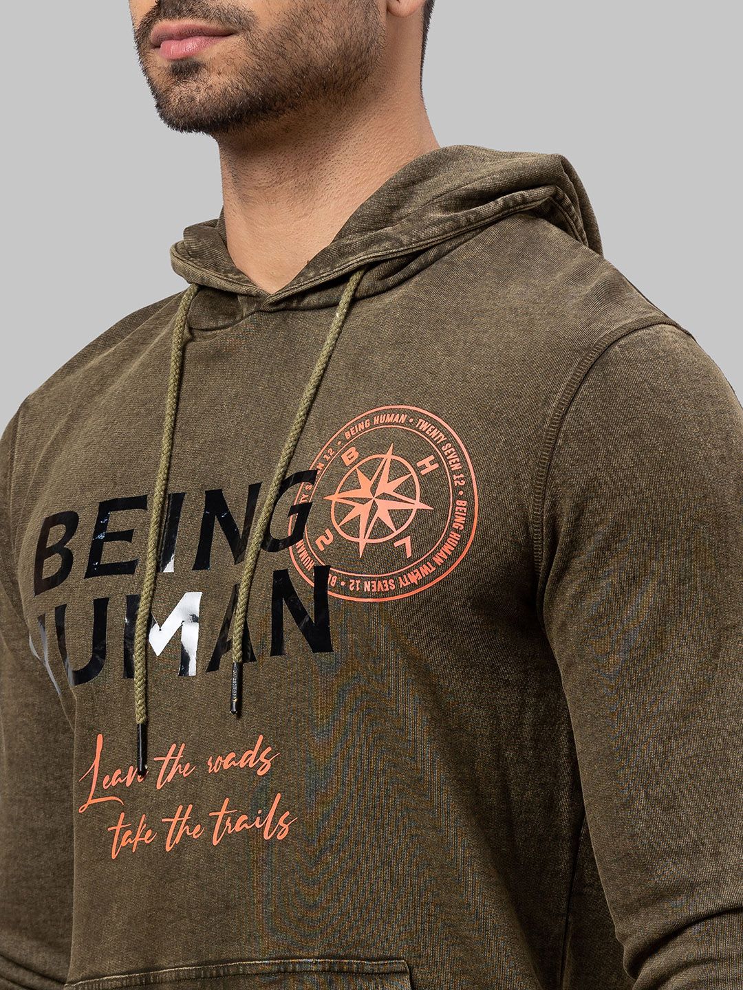 Being Human Men Olive Green Printed Hooded Cotton Sweatshirt