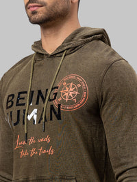 Being Human Men Olive Green Printed Hooded Cotton Sweatshirt