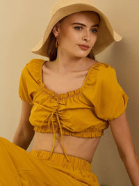 Berrylush Yellow Sweetheart Neck Crop Top With Palazzos