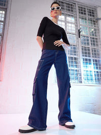 SASSAFRAS Women Blue Straight Fit High Rise Clean Look Light Fade Stretchable Cargo Jeans