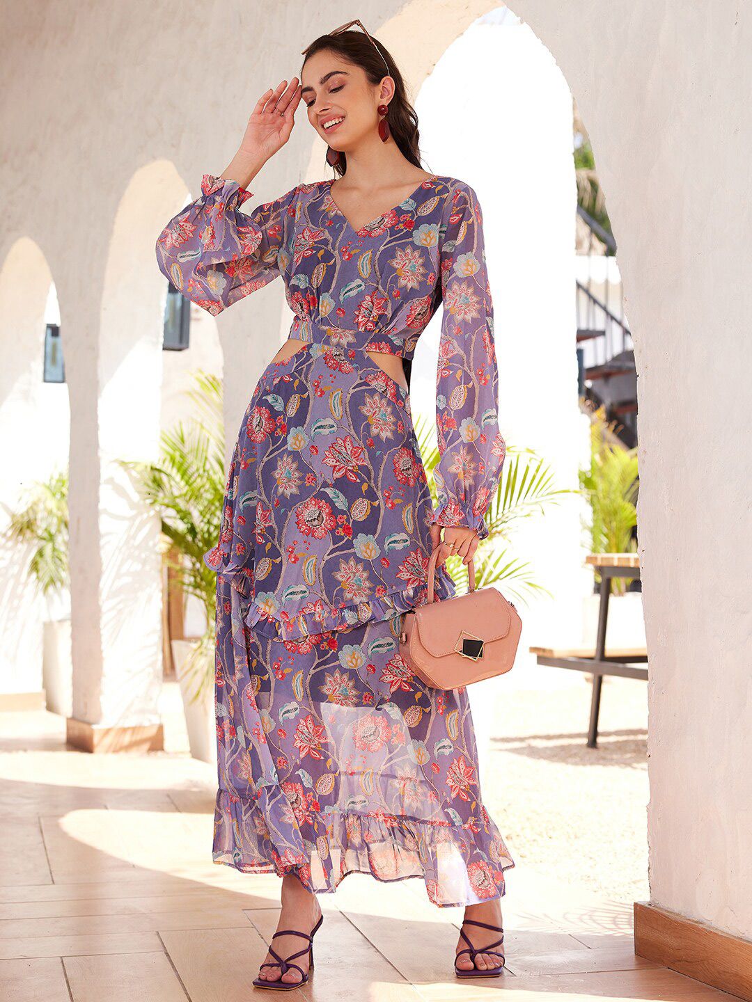 STREET 9 Floral Printed Puffed Sleeves Ruflles Georgette Cut-Out Maxi Dress