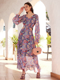 STREET 9 Floral Printed Puffed Sleeves Ruflles Georgette Cut-Out Maxi Dress