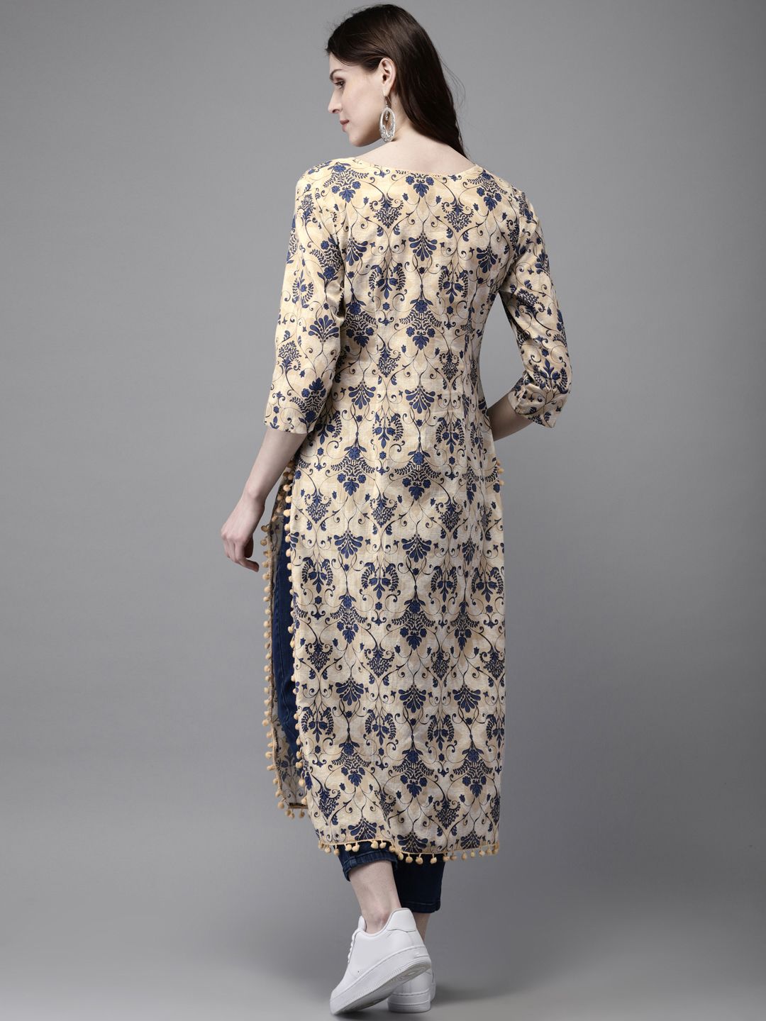 Anouk Women Beige & Navy Blue Printed Straight Kurta