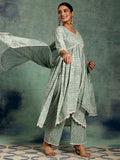Libas Bandhani Printed V-Neck Pleated Pure Cotton A-Line Kurta with Palazzos & Dupatta