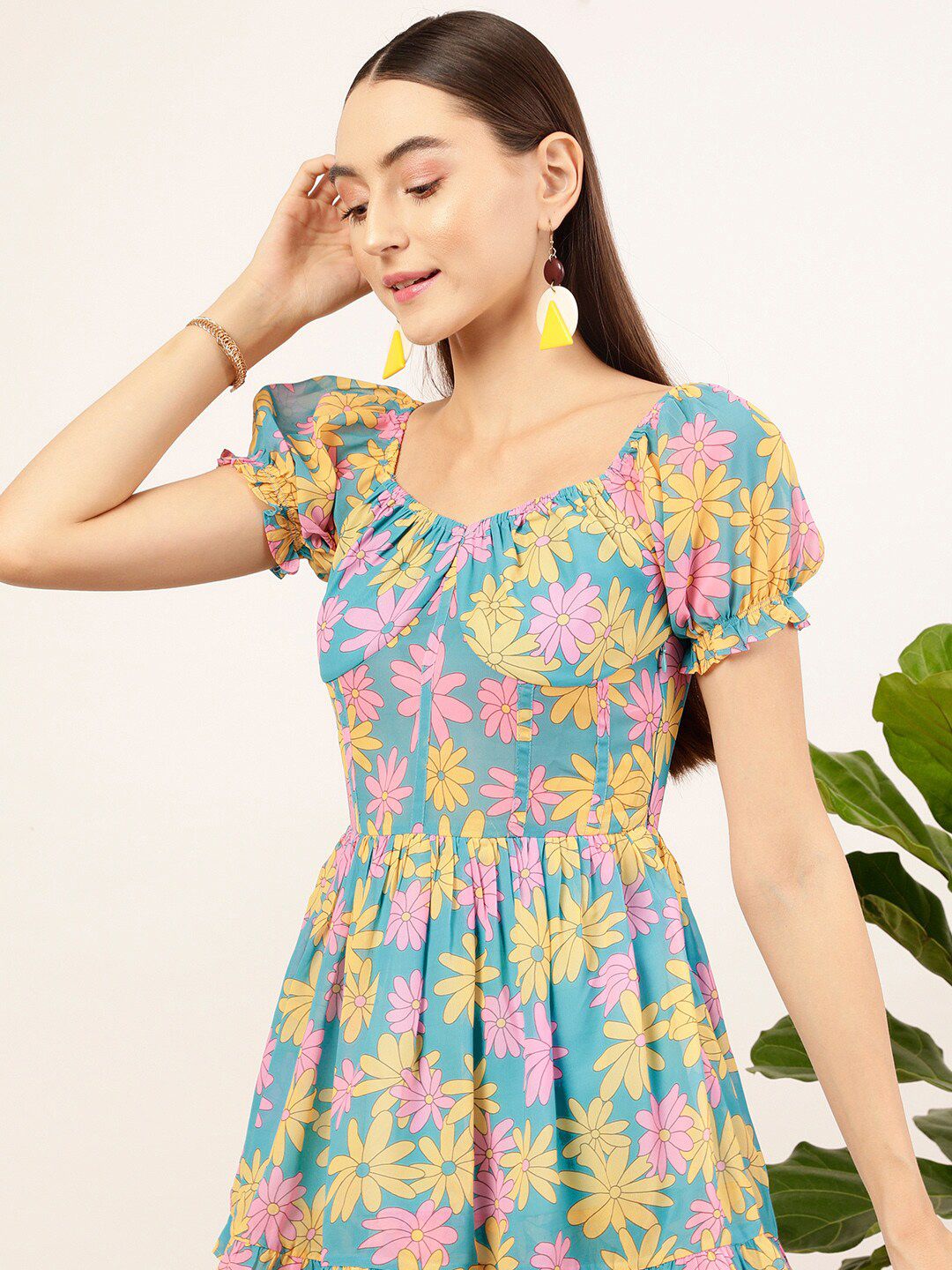 STREET 9 Blue & Mustard Floral Printed Sweetheart Georgette Fit & Flare Dress