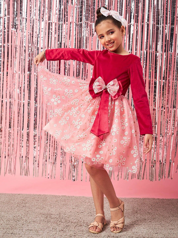pspeaches Girls Floral Printed Velvet Fit and Flare Dress