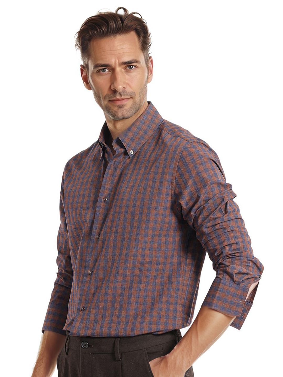 RARE RABBIT Men Comfort Spread Collar Checked Cotton Oversized Casual Shirt