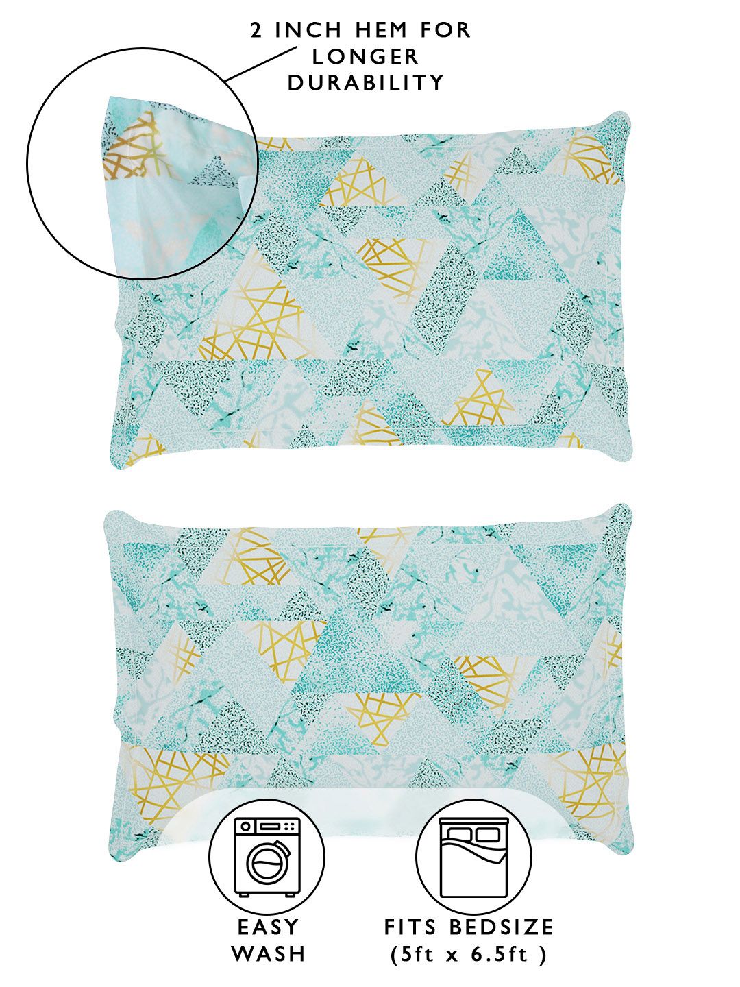 Story@home Arena Blue & Gold-Toned Printed 180 TC Queen Bedsheet & 2 Pillow Covers