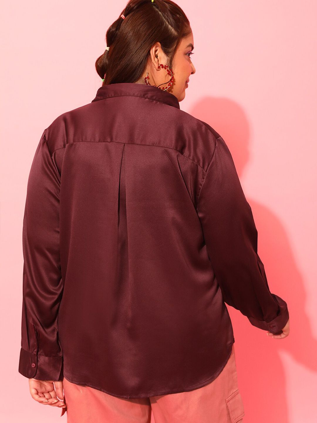 CURVY STREET Plus Size Burgundy Classic Satin Casual Shirt