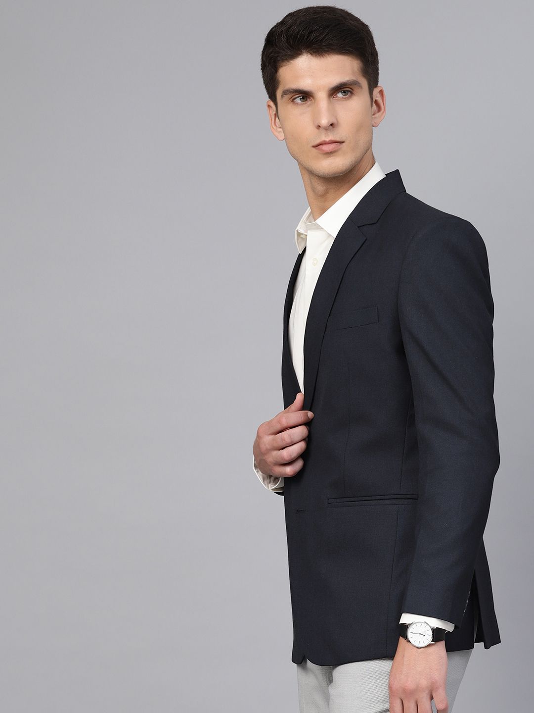 MANQ Men Navy Blue Slim Fit Solid Single Breasted Formal Blazer