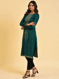 W Green Geometric Embroidered Straight Kurta