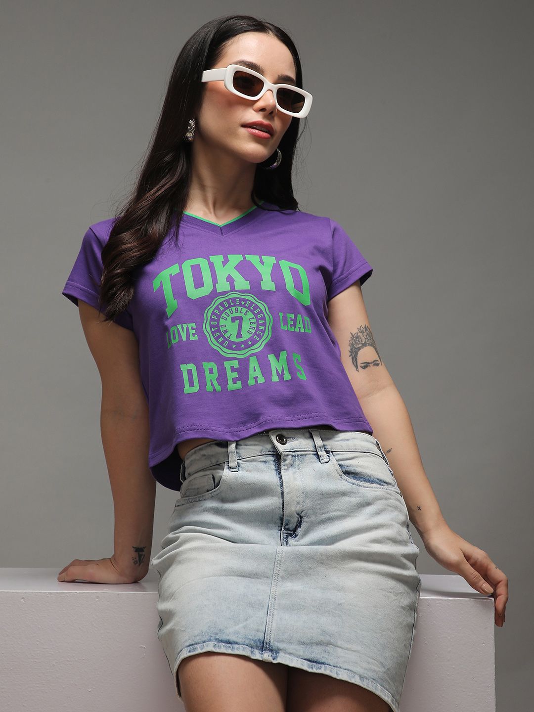 DILLINGER Women Regular Fit Cropped V-Neck Varsity Printed Tshirt