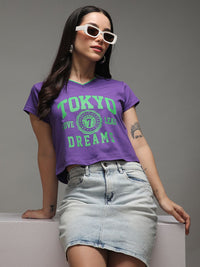 DILLINGER Women Regular Fit Cropped V-Neck Varsity Printed Tshirt