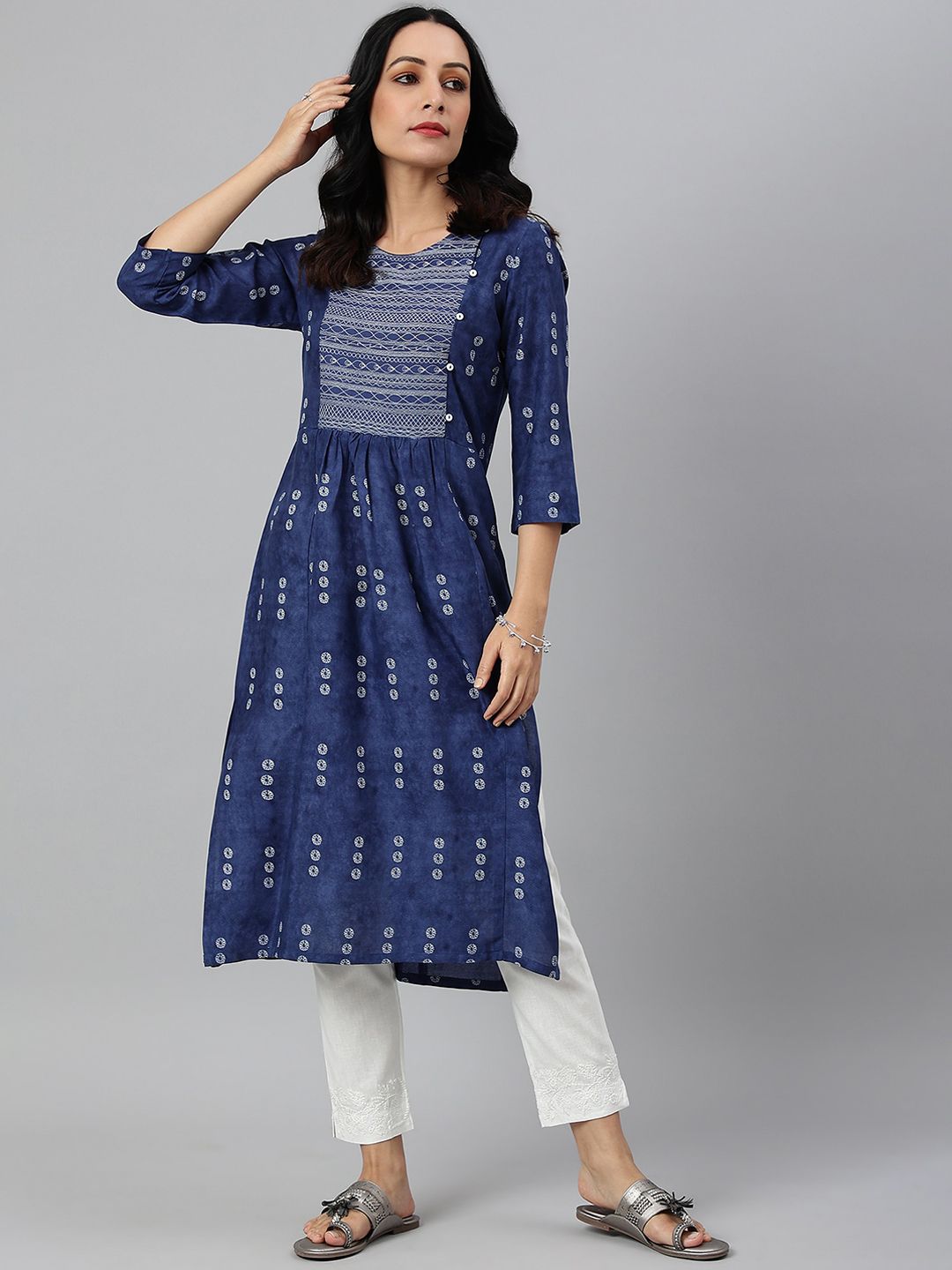 W Women Blue Ethnic Motifs Printed Flared Sleeves Handloom Kurta