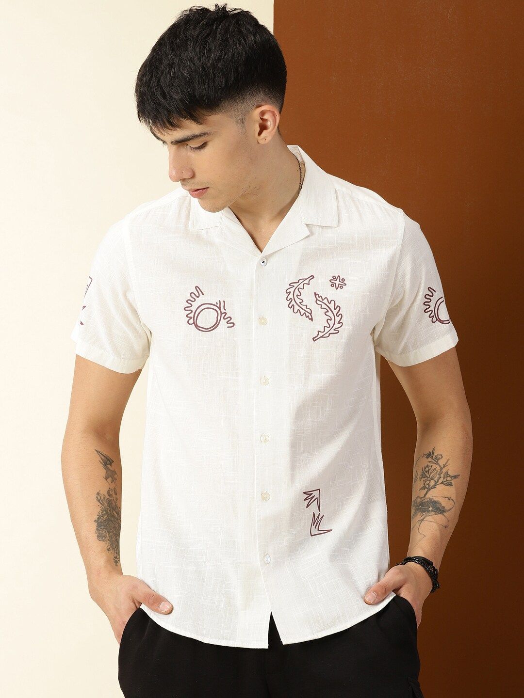 Thomas Scott Premium Conversational Printed Cuban Collar Cotton Casual Shirt