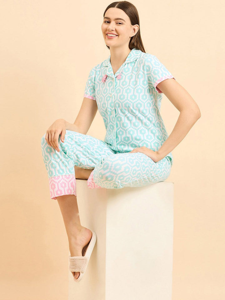 Sweet Dreams Geometric Printed Lapel Collar Night suit