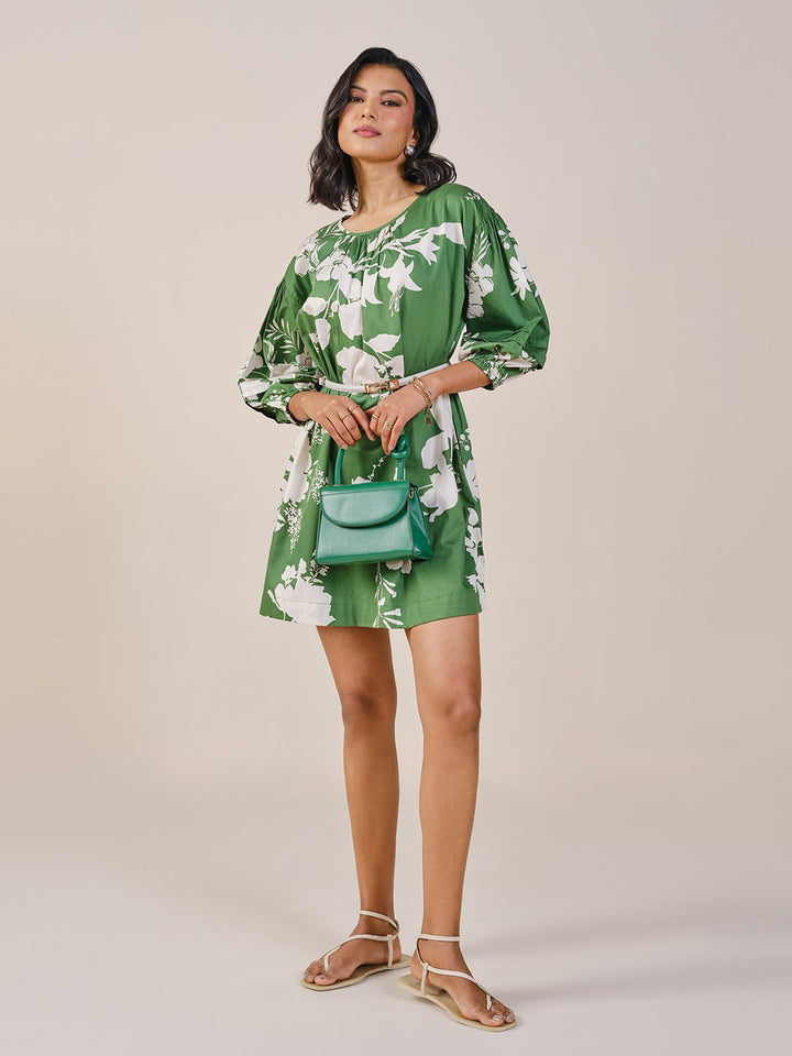 AND Floral Print Puff Sleeve Pure Cotton A-Line Dress