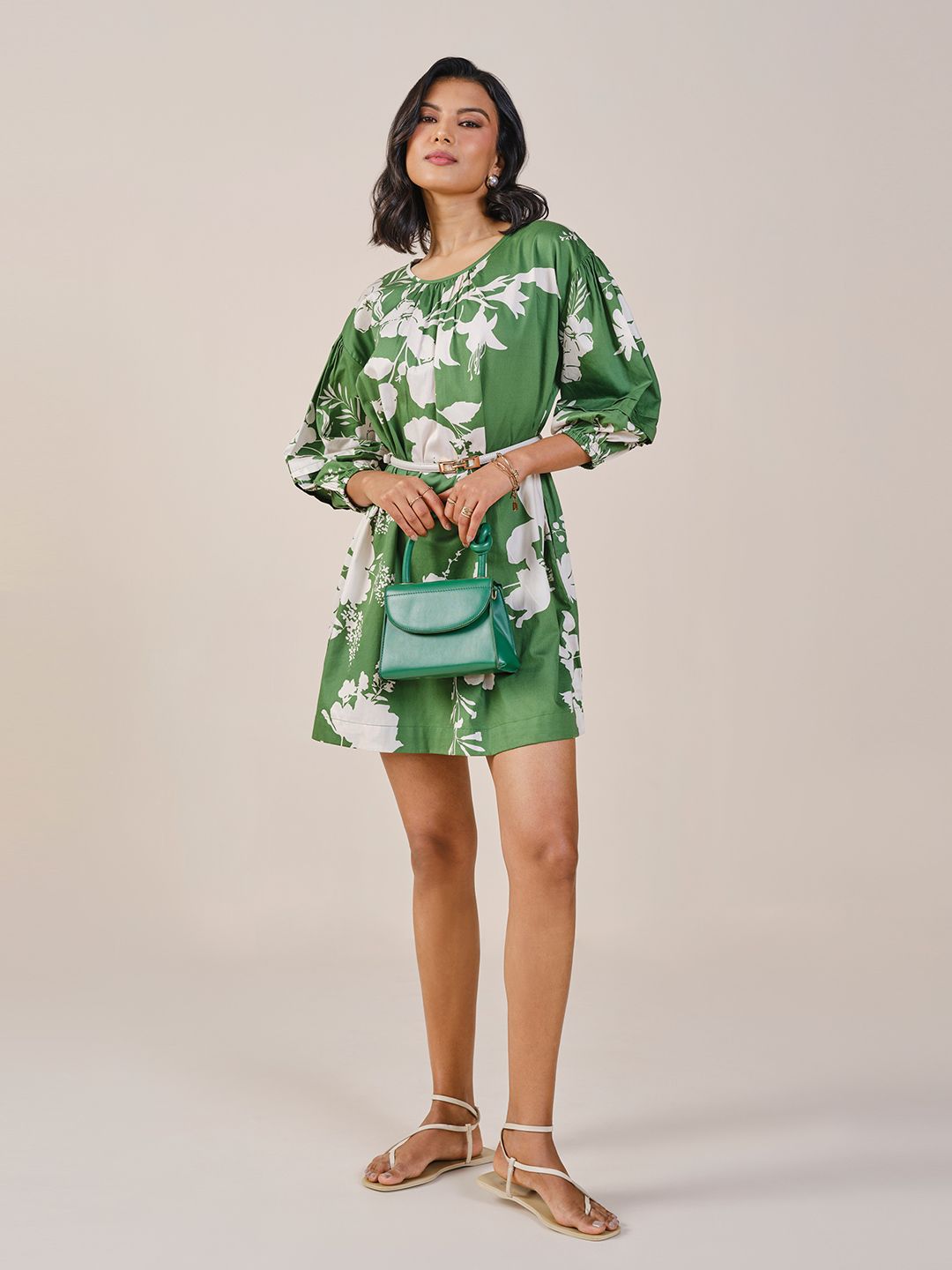 AND Floral Print Puff Sleeve Pure Cotton A-Line Dress