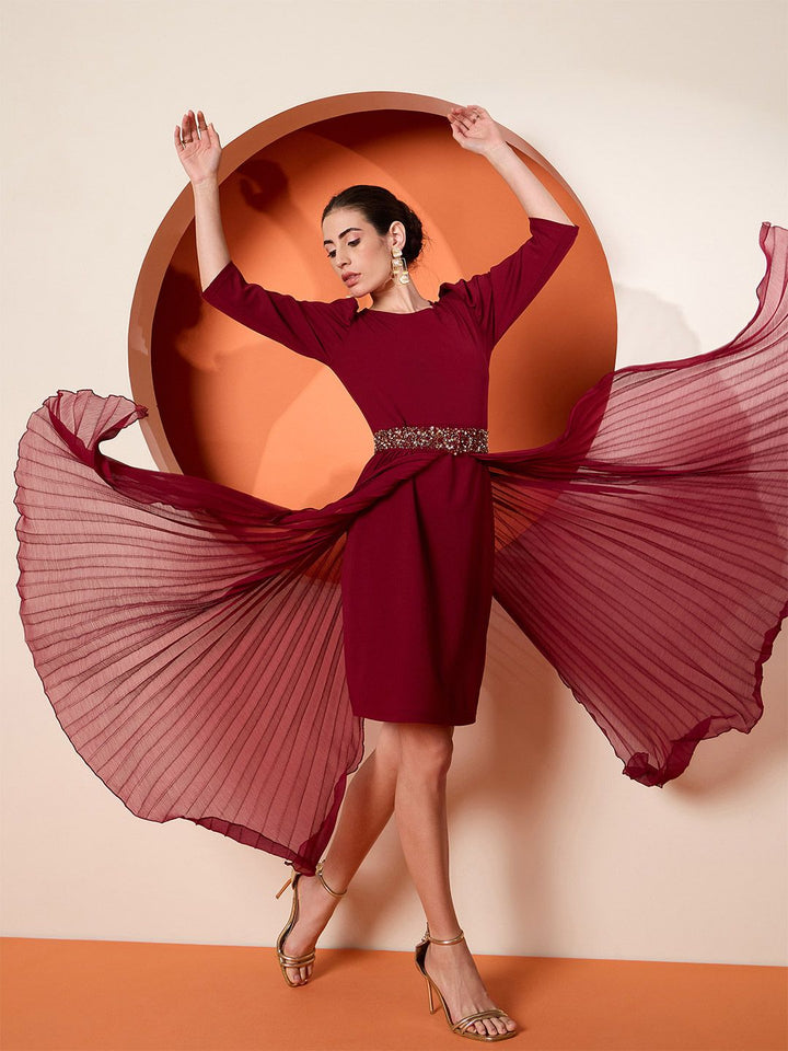 Antheaa Red Round Neck Puff Sleeves Sequinned A Line Dress