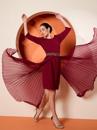 Antheaa Red Round Neck Puff Sleeves Sequinned A Line Dress