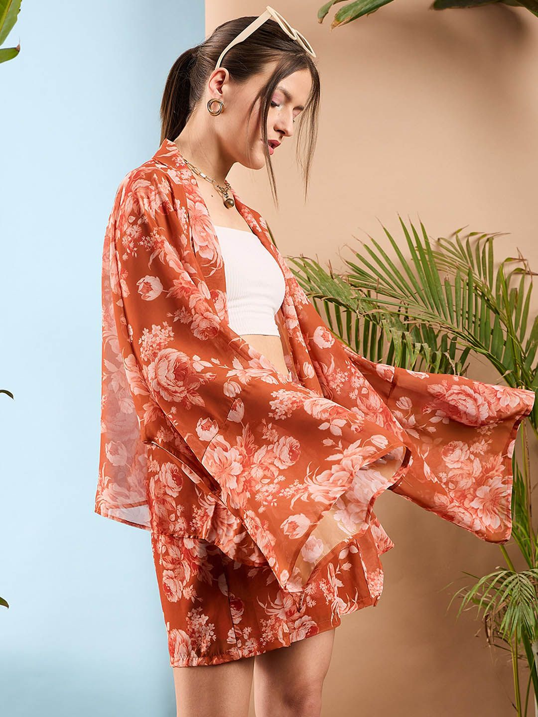 SASSAFRAS Women Rust Floral Printed Loose Fit High-Rise Pleated Shorts