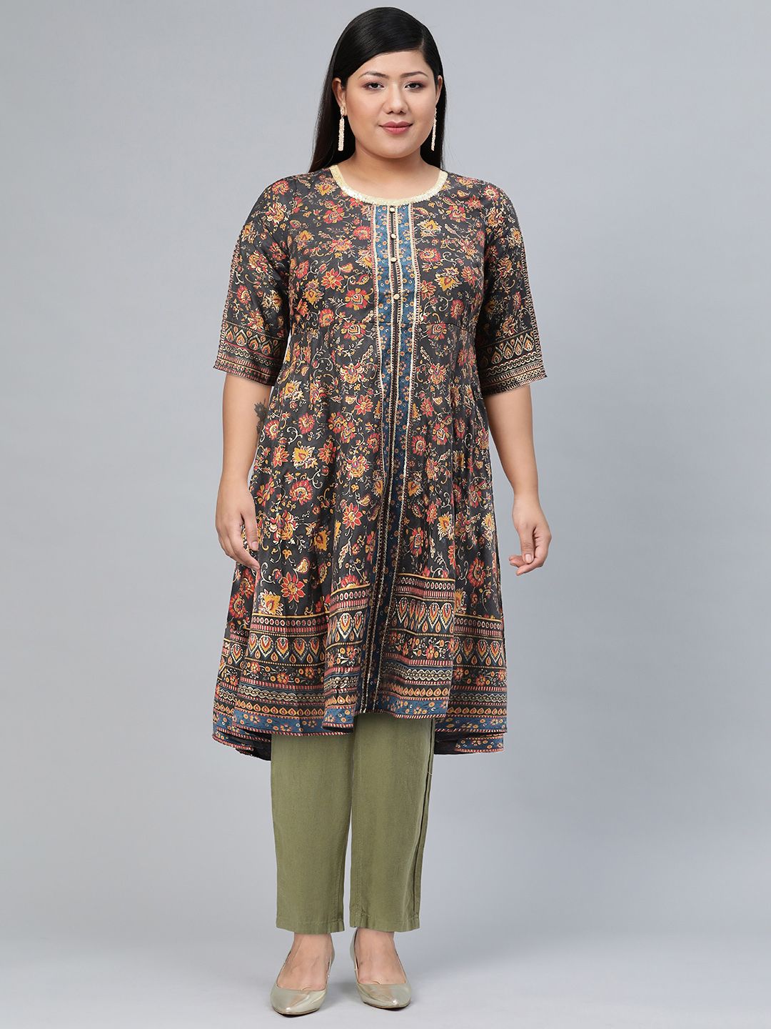 Aurelia Women Grey Floral Print Poly Shantung Straight Kurta