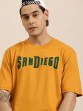 DILLINGER Men Mustard Yellow Typography Printed Pure Cotton Oversized T-shirt