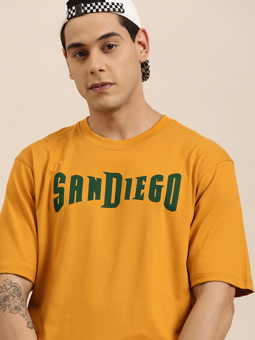 DILLINGER Men Mustard Yellow Typography Printed Pure Cotton Oversized  T-shirt