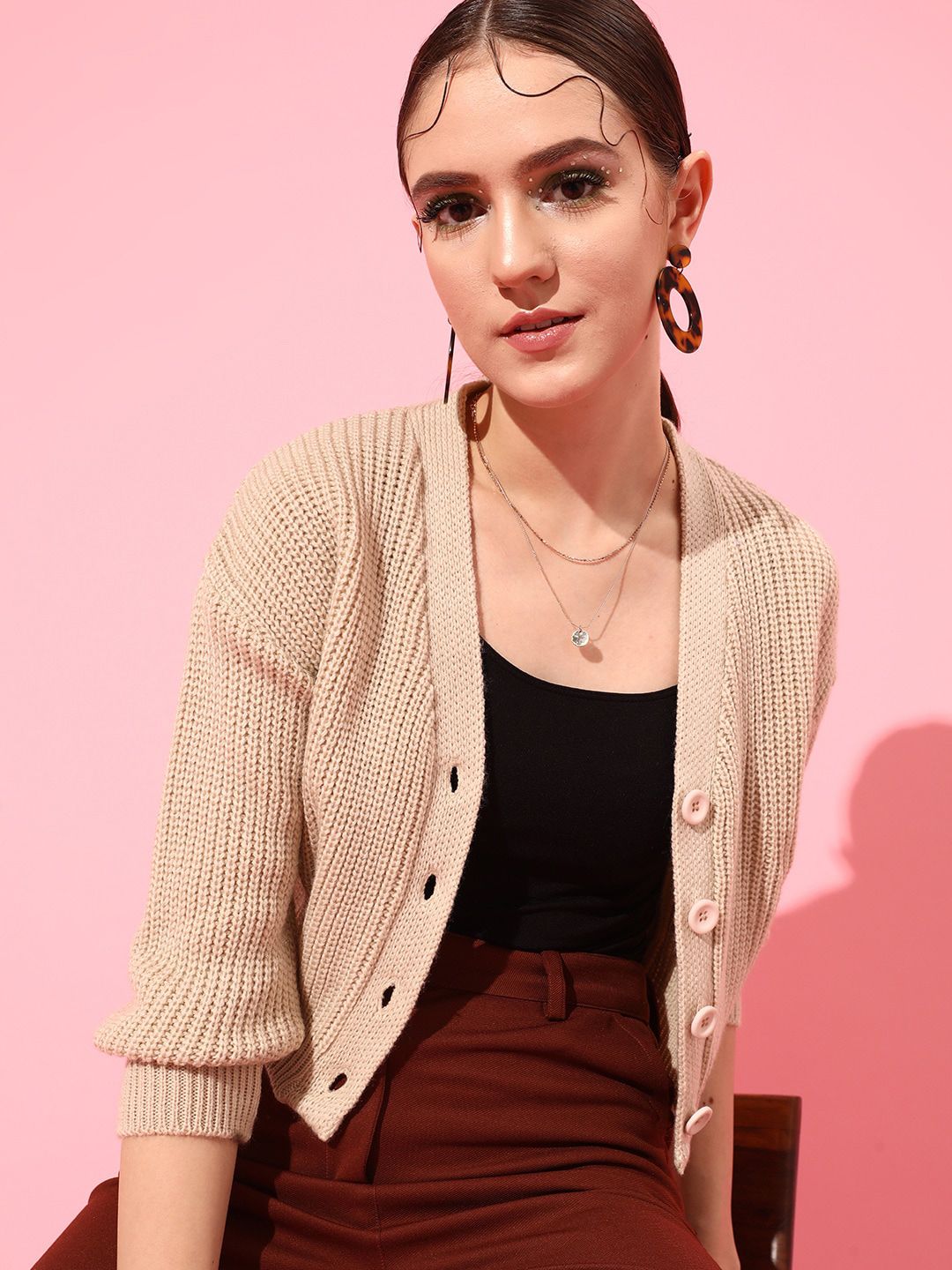 STREET 9 Women Acrylic Ribbed Crop Cardigan