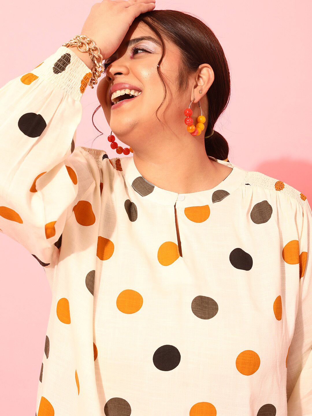 CURVY STREET Polka Dots Polka Dot Printed Smocked Shirt Style Top