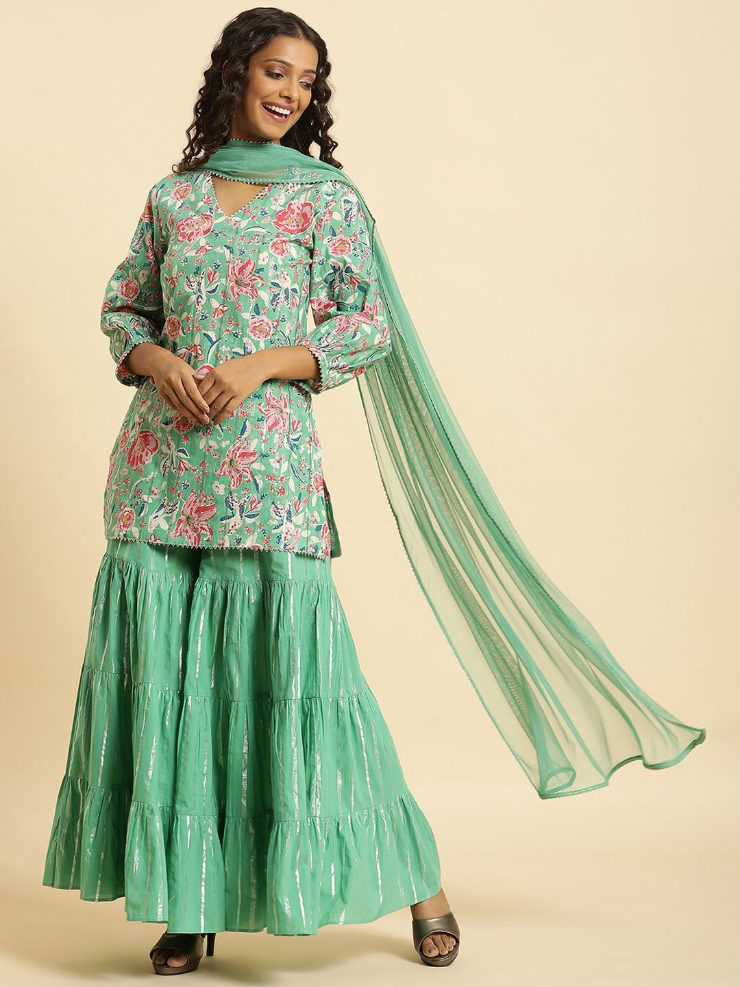 W Women Cotton Kurti with Sharara & Dupatta