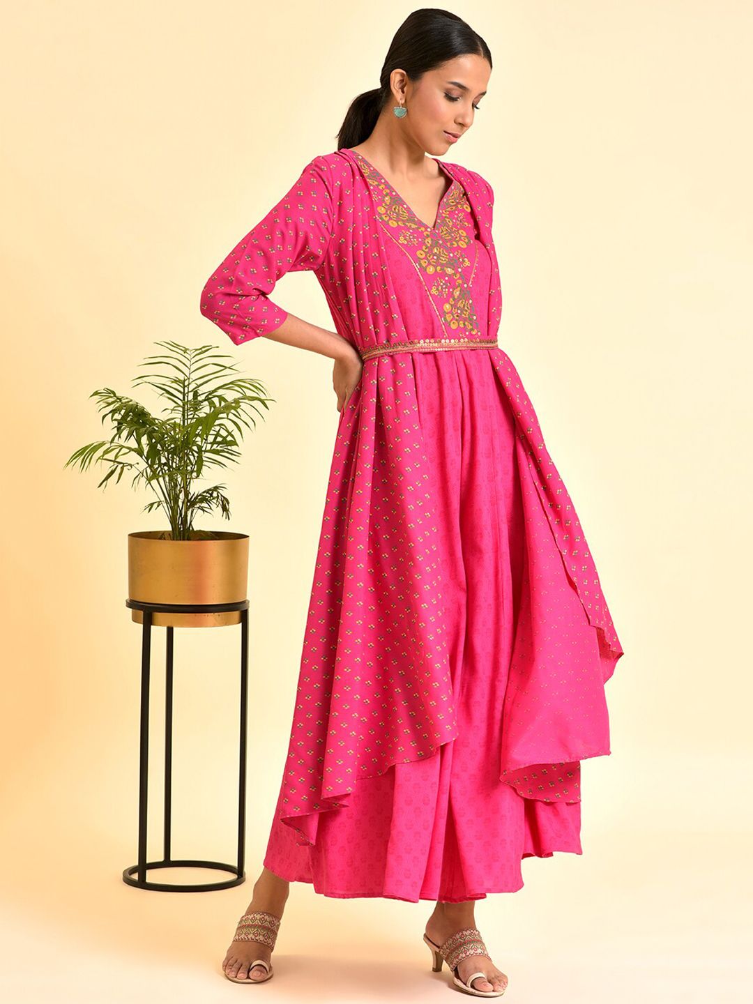 W Floral Printed V-Neck Tie & Up Jumpsuit