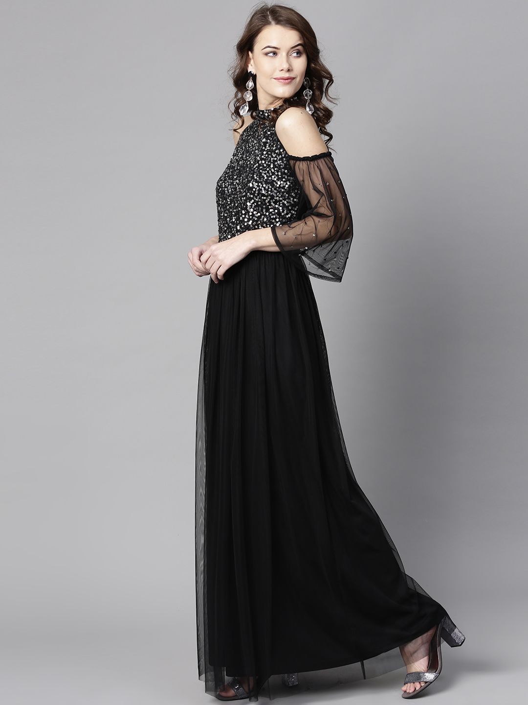 STREET 9 Women Black Solid Maxi Dress with Sequinned Detail
