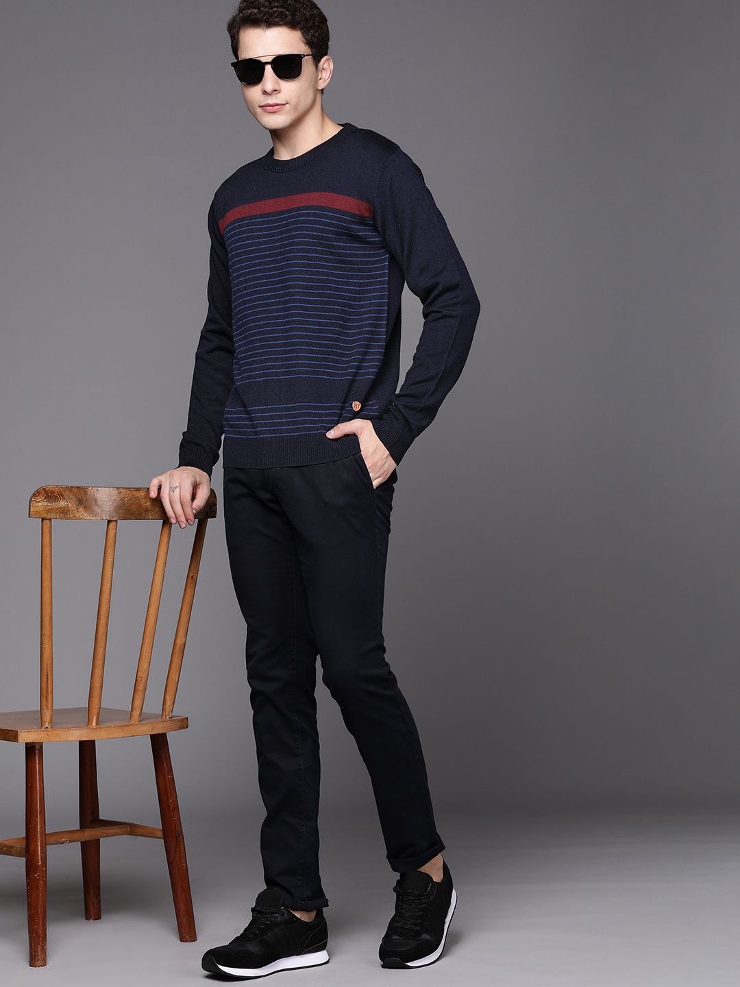 Raymond Men Navy Blue & Maroon Striped Pullover