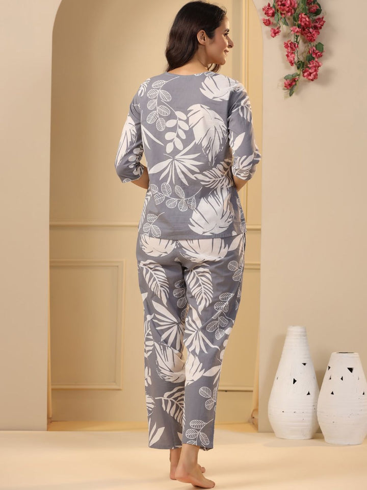 SANSKRUTIHOMES Grey & White Floral Printed Pure Cotton Night Suit