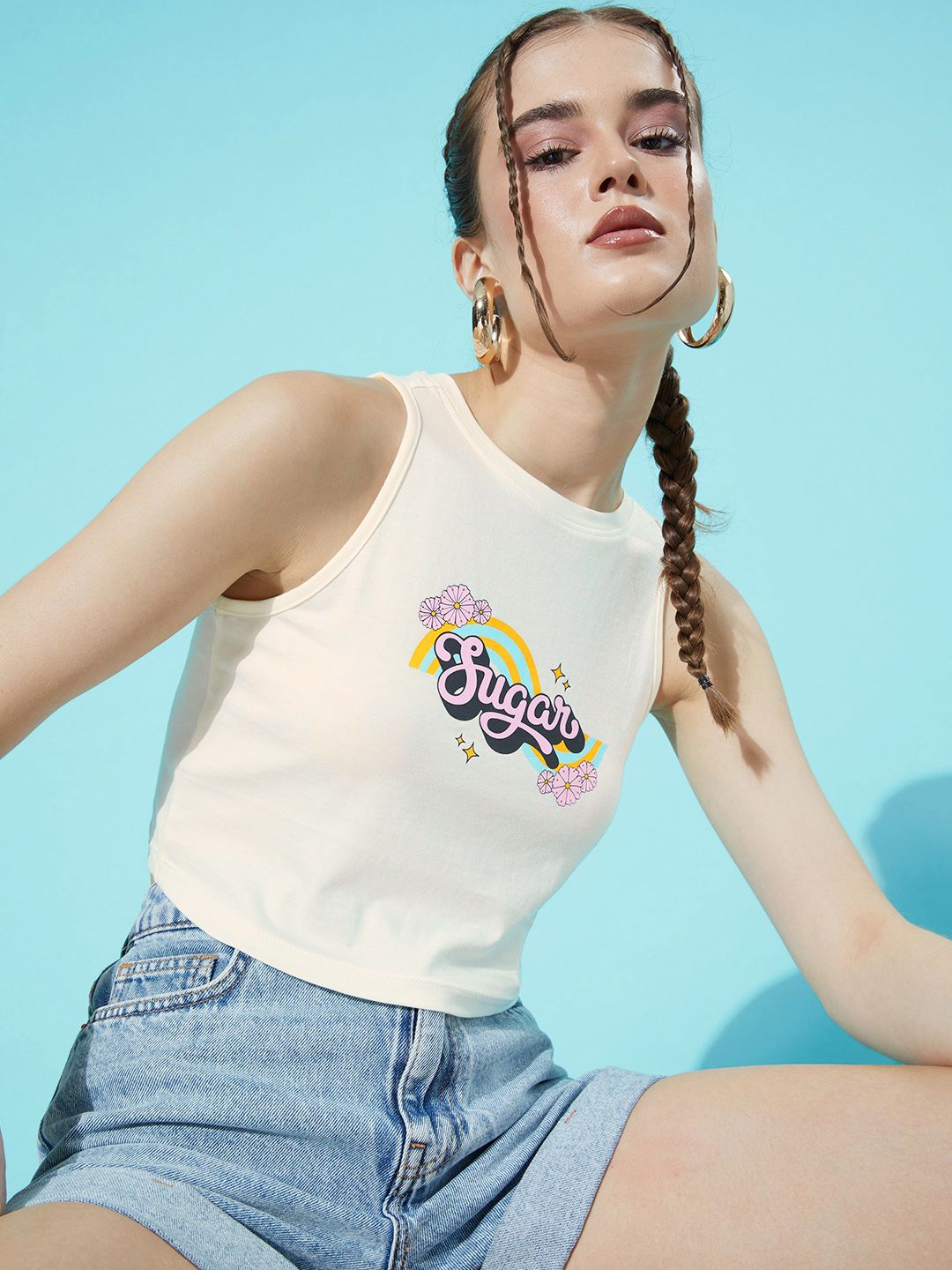 DressBerry Misty White Print Cotton Hollaback Neck It Is Crop Tank Top