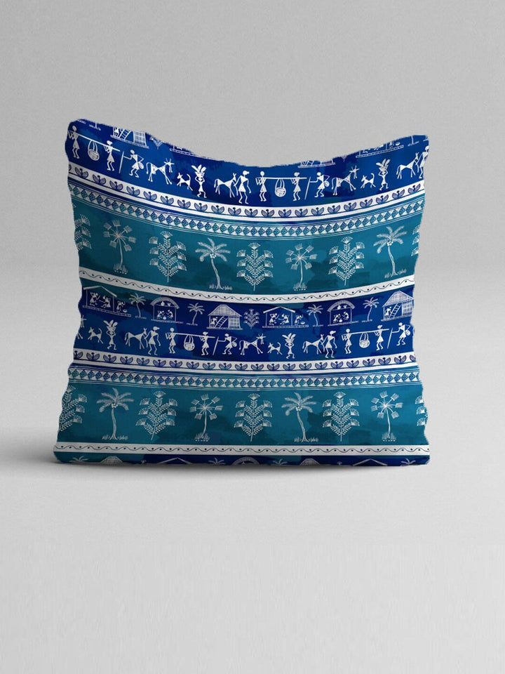 STITCHNEST Adults Blue & White Set of 5 Warli Motifs Square Cushion Covers
